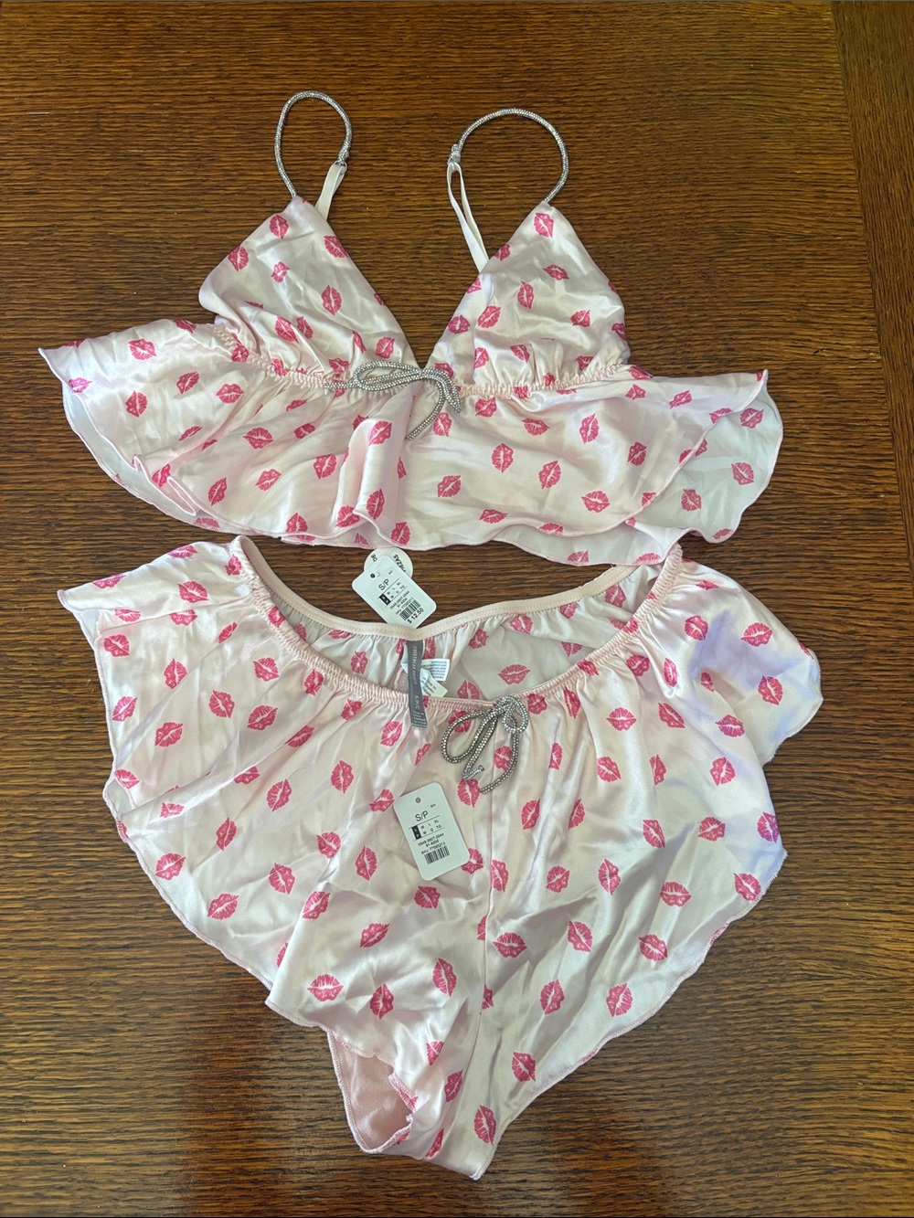 Streetwear Society Pink Kiss-Print Satin Bralette & Relaxed Shorts Set